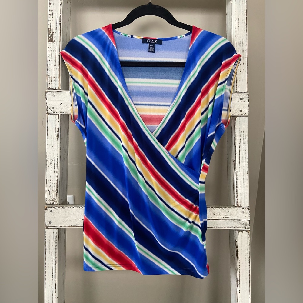 Chaps women’s colorful striped wrap blouse/Size large